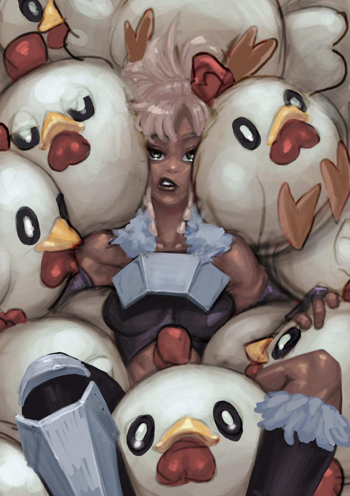 1girl, armor, avatar_(palworld), bird, black_gloves, black_lips, breasts, chicken, chikipi, dark-skinned_female, dark_skin, elbow_gloves, fingerless_gloves, fur_collar, fur_trim, gloves, green_eyes, highres, komesanmen0520, lips, long_hair, medium_breasts, pal_(creature), palworld, parted_lips, pink_hair, too_many, too_many_birds