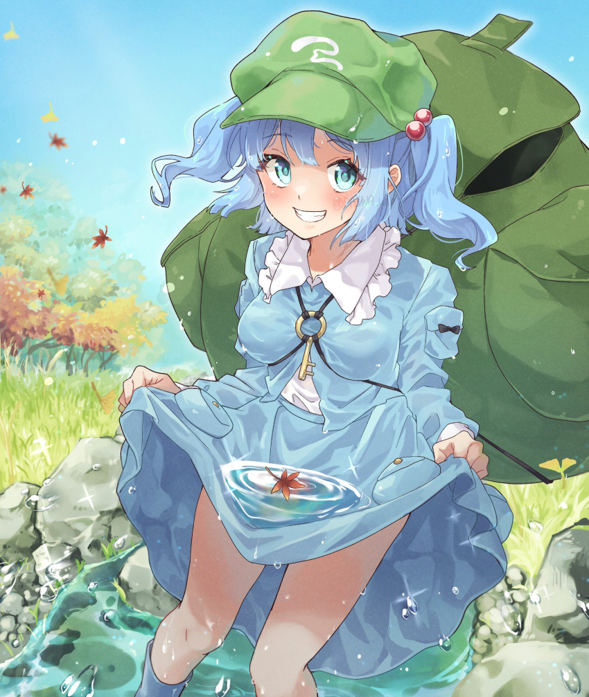 1girl, aqua_eyes, autumn, autumn_leaves, bare_legs, black_bow, blue_dress, blue_footwear, blue_hair, boots, bow, breasts, commentary_request, daiwa_uho, dress, dress_bow, falling_leaves, frilled_shirt, frills, ginkgo_leaf, ginkgo_tree, grass, green_bag, green_headwear, grin, hair_bobbles, hair_ornament, hat, highres, kawashiro_nitori, key, leaf, looking_at_viewer, motion_blur, o-ring, pocket, puddle, ripples, rock, shirt, short_hair, short_twintails, skirt_hold, sky, small_breasts, smile, solo, standing, touhou, tree, twintails, twitter_username, water, water_drop, watermark, wet, wet_clothes, wet_dress