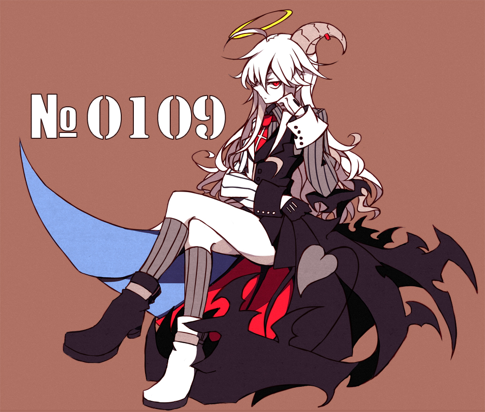 1girl, ahoge, aww_(pixiv4034890), crossed_legs, demon, demon_girl, demon_horns, demon_tail