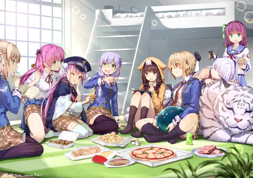 6+girls, :t, aikawa_megumi, angel_beats!, animal_ear_hood, animal_ears, animal_hug, animal_on_head, anniversary, aqua_eyes, arm_support, asakura_karen_(heaven_burns_red), black_pantyhose, black_socks, black_thighhighs, blonde_hair, blue_jacket, blue_sailor_collar, blush, bow, braid, brand_name_imitation, bread, brown_skirt, byakko_(heaven_burns_red), cat, cat_ears, cat_on_head, cat_tail, chips_(food), closed_eyes, clothes_around_waist, collared_shirt, commentary_request, day, eating, eyes_visible_through_hair, fake_animal_ears, fake_tail, food, foot_up, french_braid, glasses, green_bow, green_eyes, grey_hair, hair_bow, hair_ornament, hair_over_one_eye, hairclip, hand_up, handheld_game_console, happy, heaven_burns_red, highres, holding, holding_food, holding_handheld_game_console, hood, hood_up, hoodie, hot_dog, hug, hug_from_behind, indian_style, indoors, izumi_yuki_(heaven_burns_red), jacket, kayamori_ruka, kneehighs, kneeling, knees_up, kunimi_tama, light_rays, long_hair, long_sleeves, looking_at_another, meat, medium_hair, melon_bread, miniskirt, monster_energy, multiple_girls, nakamura_yuri, neck_ribbon, neckerchief, necktie, no_shoes, on_head, one_eye_closed, open_mouth, orange_hoodie, pantyhose, party, pink_eyes, pink_hair, pink_neckerchief, pizza, plaid, plaid_skirt, pleated_skirt, potato_chips, profile, purple_hair, red_necktie, red_ribbon, ribbon, round_eyewear, sailor_collar, school_uniform, shinda_sekai_sensen_uniform, shirt, short_hair, sitting, skirt, socks, standing, striped_clothes, striped_pantyhose, sunbeam, sunlight, surprised, tachibana_kanade, tail, tail_raised, taka.yana, takoyaki, thigh-highs, thinking, tiger, toujou_tsukasa, v-shaped_eyebrows, vertical-striped_clothes, vertical-striped_pantyhose, very_long_hair, wariza, wavy_mouth, white_hair, white_shirt, white_thighhighs, wide_shot, window, yokozuwari, zettai_ryouiki