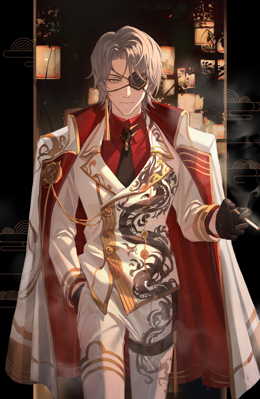1boy, alternate_costume, black_gloves, black_necktie, boutonniere, chain, chinese_commentary, cigarette