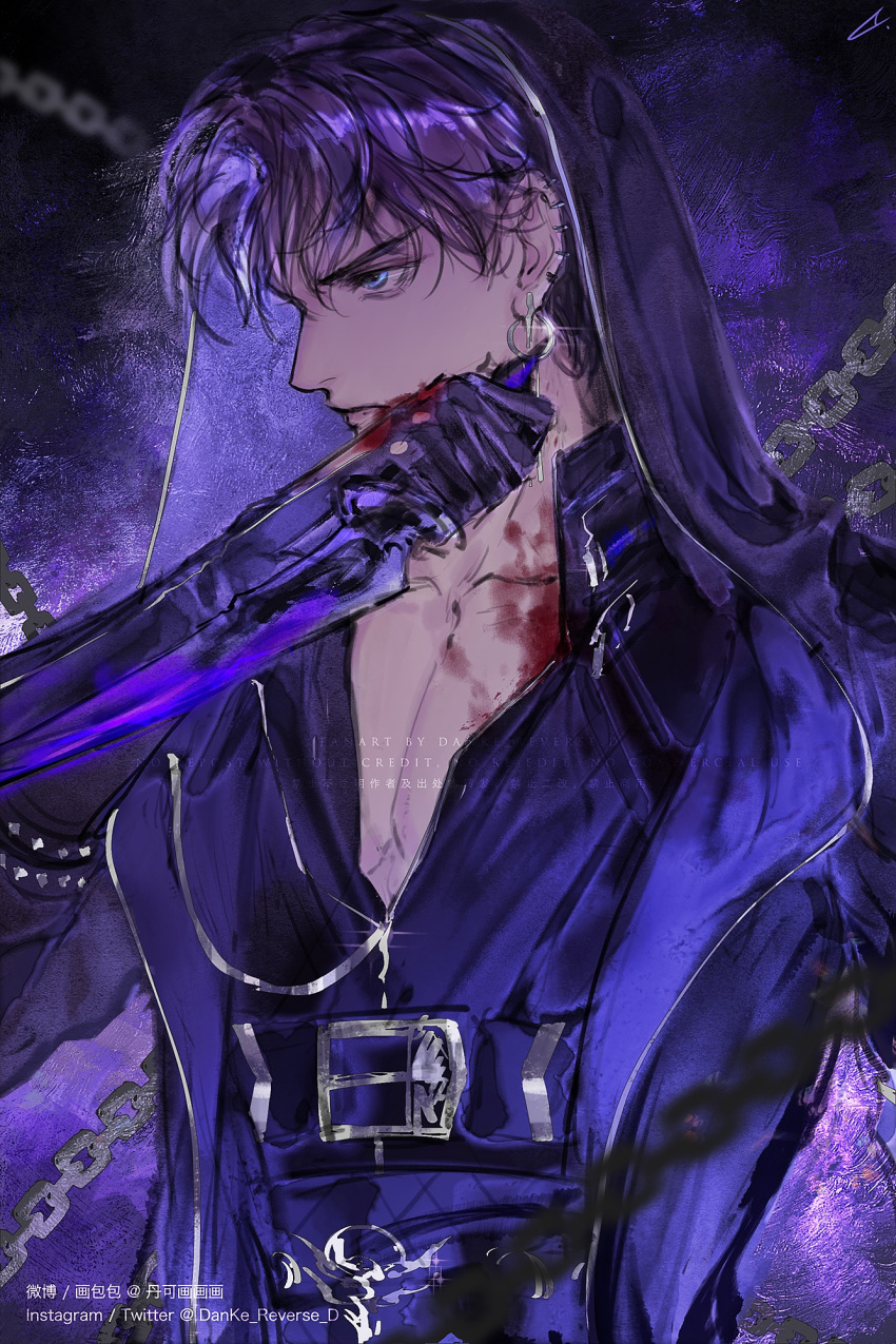 1boy, artist_name, bishounen, black_background, blood, buckle, chain, cloak