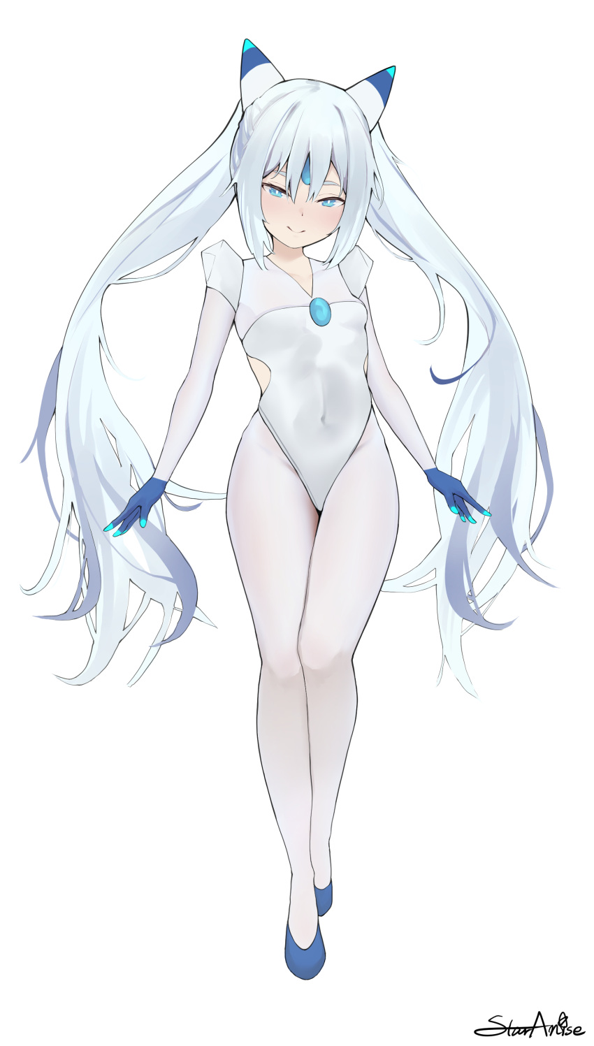1girl, absurdres, artist_name, blue_eyes, blue_footwear, blue_horns, breasts, bright_pupils