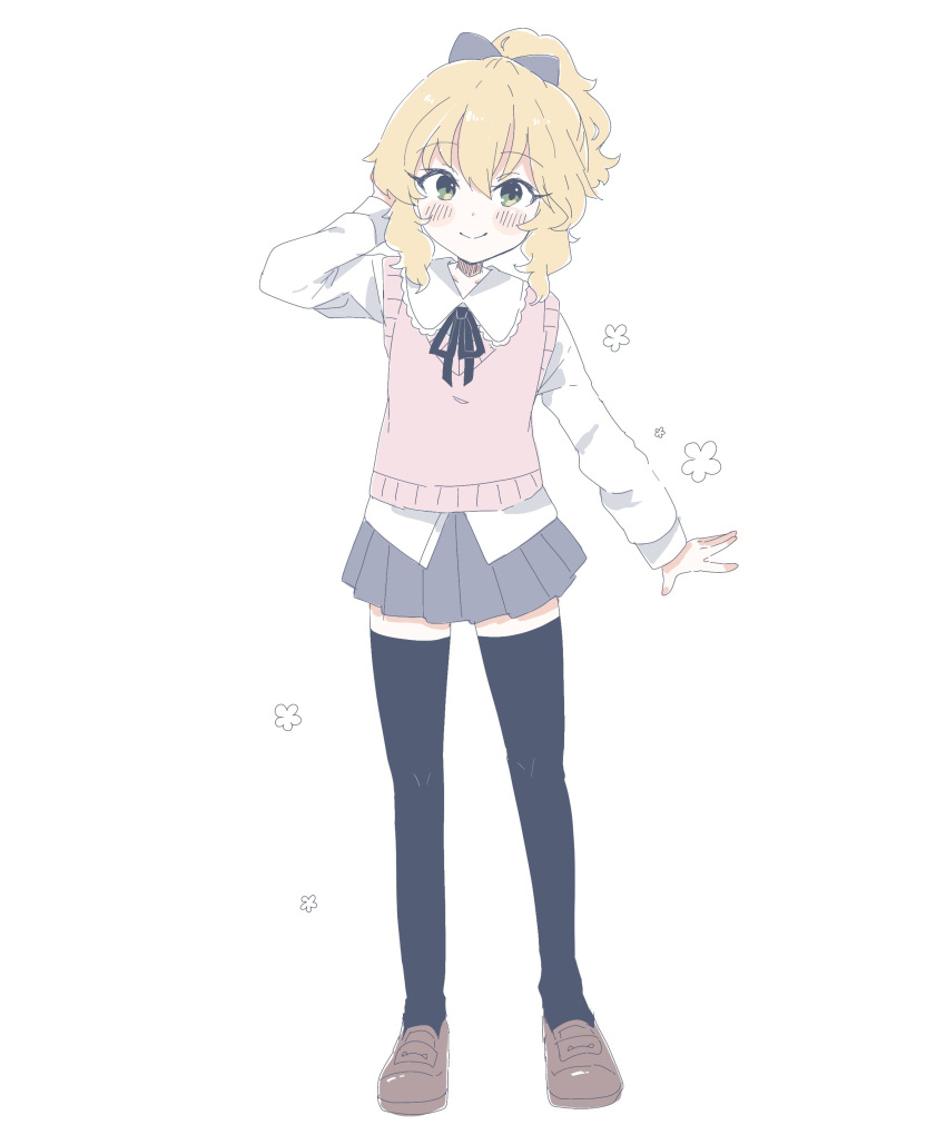1girl, absurdres, arms_behind_head, black_bow, black_skirt, black_thighhighs, blonde_hair, blush