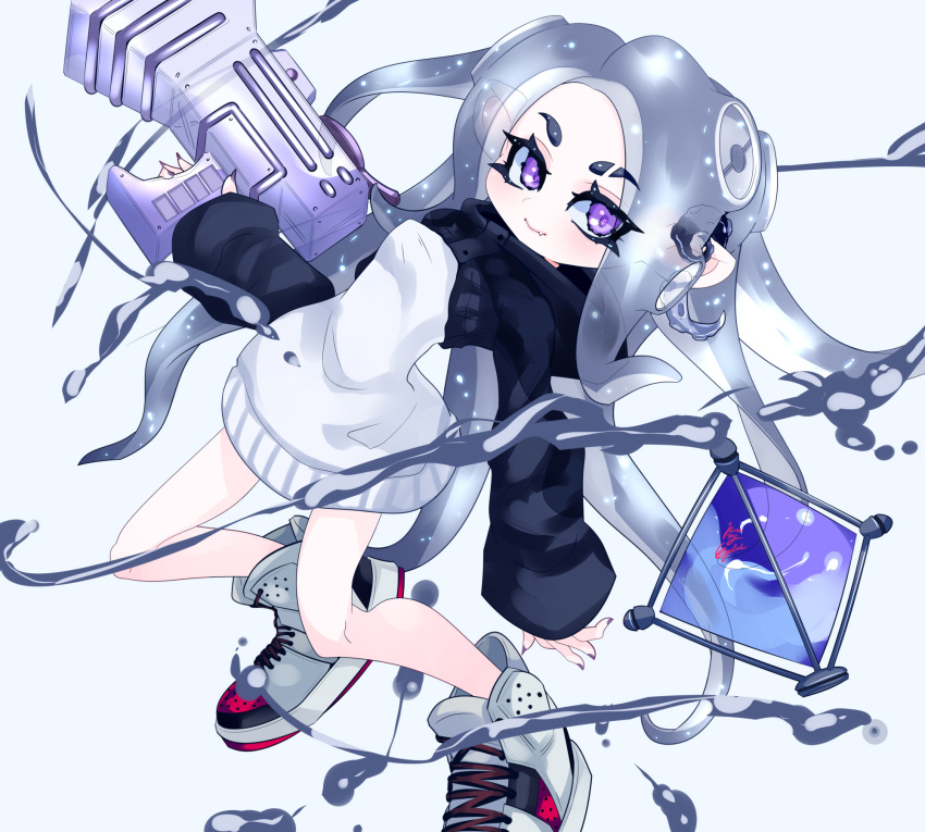 1girl, bending_backward, commentary, cross-laced_footwear, earrings, eyebrow_cut, eyelashes, fang