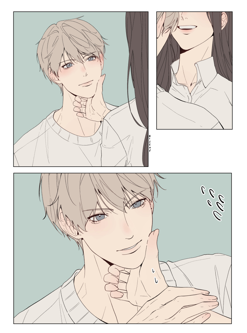 1boy, 1girl, absurdres, brown_hair, collared_shirt, flat_color, grabbing_another's_chin, hand_on_another's_chin, hetero, highres, lips, long_hair, looking_at_viewer, love_and_deepspace, parted_lips, portrait, rizevp, shirt, short_hair, sweatdrop, teeth, upper_teeth_only, white_shirt, xavier_(love_and_deepspace)