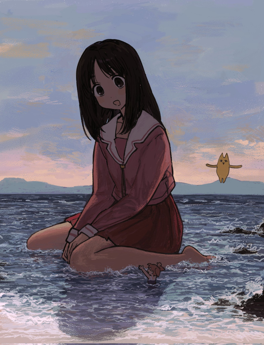 2girls, azumanga_daioh, azumanga_daioh's_school_uniform, barefoot, between_legs, black_hair, breasts, dot_nose