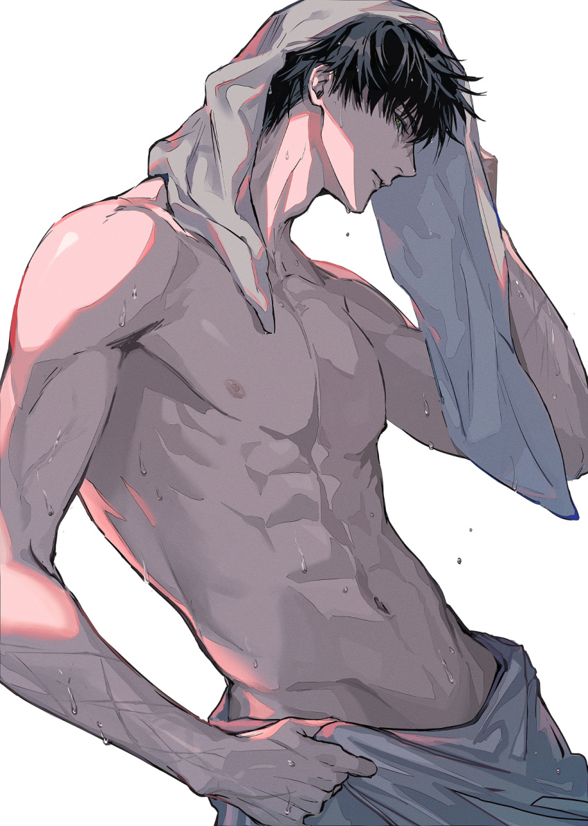 1boy, abs, drying, drying_hair, green_eyes, highres, lips, love_and_deepspace, male_focus, muscular, muscular_male, parted_lips, pectorals, renorenoko, short_hair, solo, towel, towel_on_head, upper_body, wet, zayne_(love_and_deepspace)