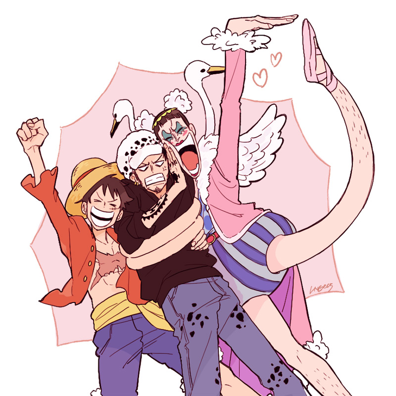 3boys, ^_^, anger_vein, blue_shorts, bon_clay, closed_eyes, coat, commentary_request