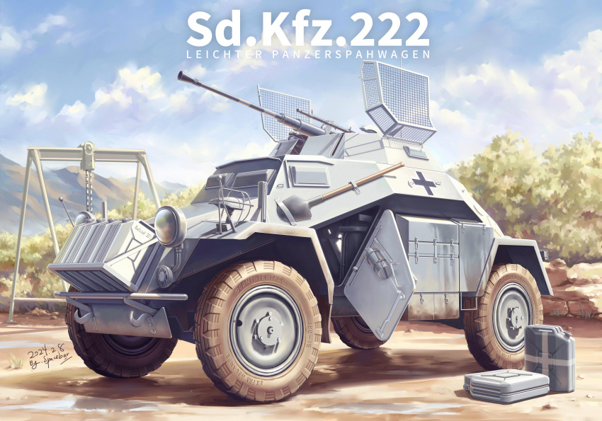 absurdres, bush, clouds, day, gas_can, highres, leichter_panzerspahwagen, military