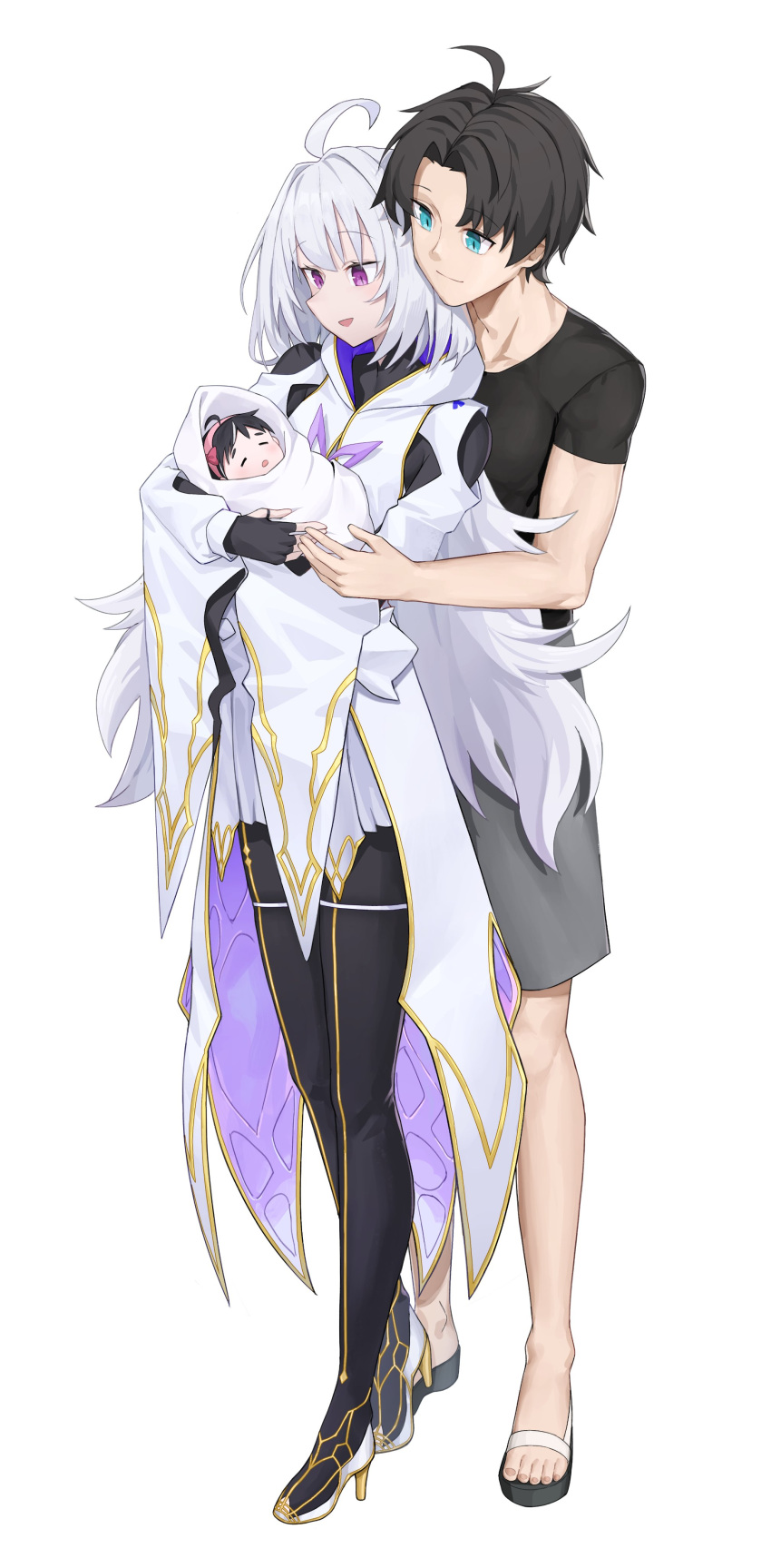 1boy, 2girls, absurdres, ahoge, black_hair, black_leggings, black_shirt, blue_eyes, collarbone, dress, faldues_(gavin_b), family, fate/grand_order, fate_(series), father_and_daughter, fingerless_gloves, fujimaru_myriam, fujimaru_ritsuka_(male), gloves, hetero, high_heels, highres, if_they_mated, leggings, merlin_(fate/prototype), mother_and_daughter, multicolored_hair, multiple_girls, open_mouth, sandals, shirt, shorts, violet_eyes, white_dress, white_hair