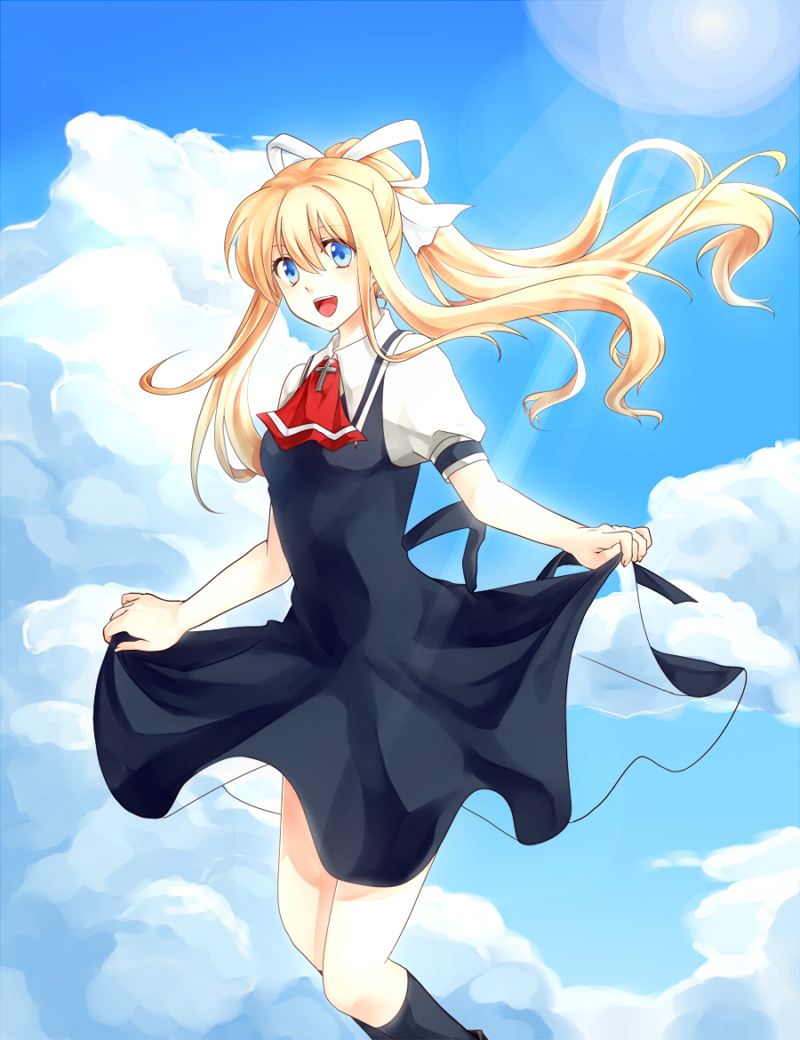 ascot, blonde_hair, blue_eyes, cross, dress, dress_lift, kamio_misuzu, long_hair, ponytail, ryou_(pixiv779953), ryou_(rmssre3783), school_uniform, sky, smile