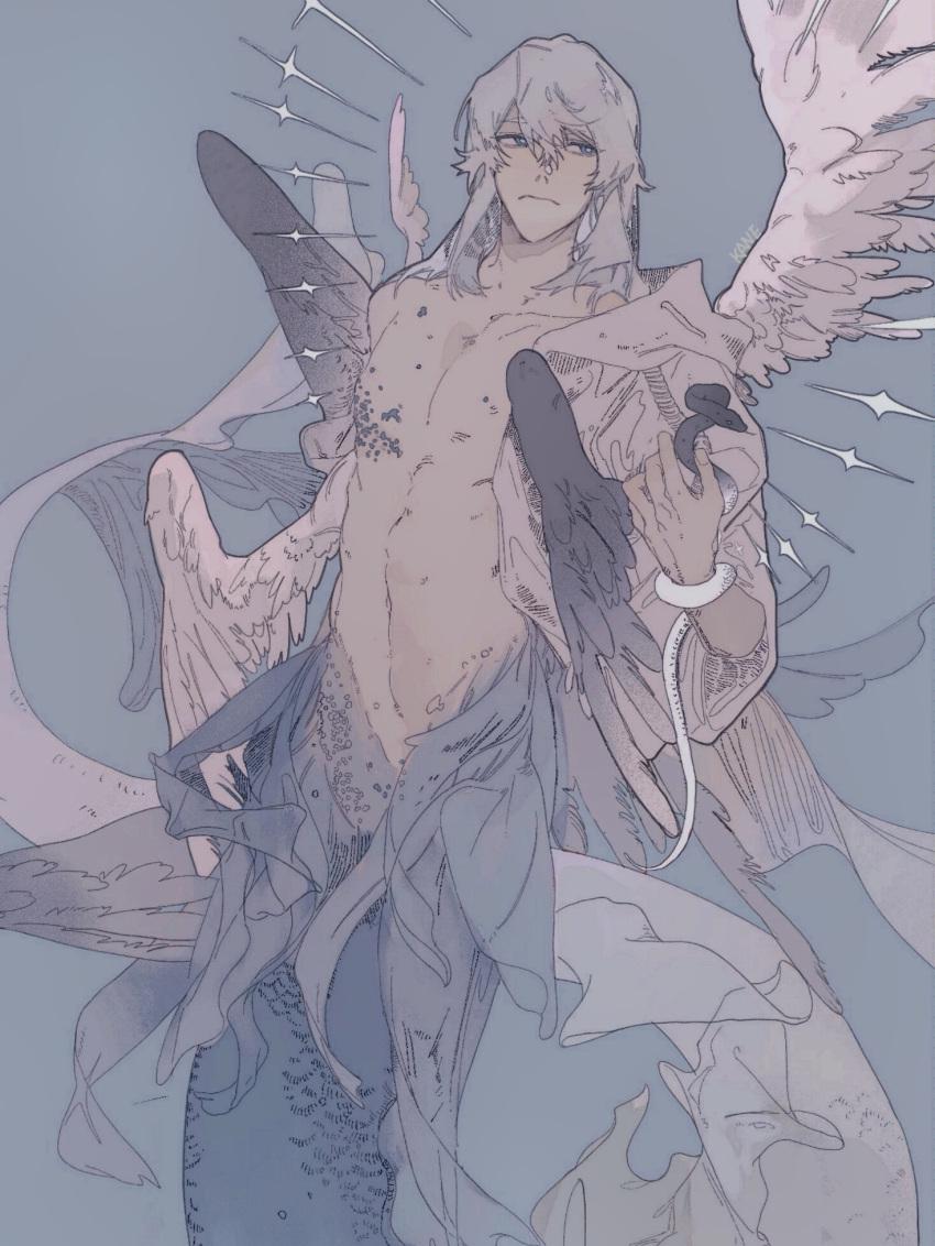 1boy, :|, alternate_form, artist_name, black_wings, blue_background, blue_eyes, closed_mouth, collarbone, commentary, cowboy_shot, expressionless, feathered_wings, final_fantasy, final_fantasy_xiv, fins, fish_tail, grey_hair, hair_between_eyes, halo_behind_head, highres, kugekanejun, looking_to_the_side, male_focus, medium_hair, merman, monster_boy, multiple_wings, navel, scales, sideways_glance, signature, simple_background, snake, solo, symbol-only_commentary, tail, themis_(ff14), topless_male, white_wings, wings