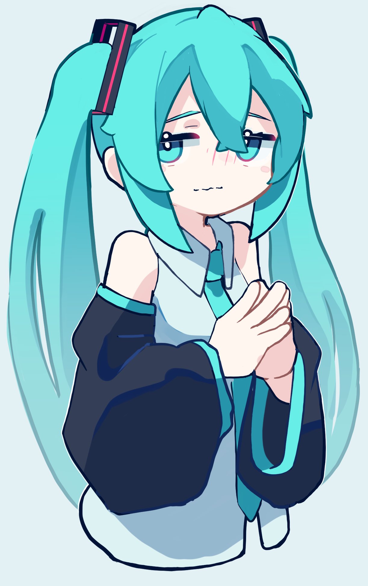 1girl, aqua_eyes, aqua_hair, aqua_necktie, bare_shoulders, black_sleeves, blush, blush_stickers