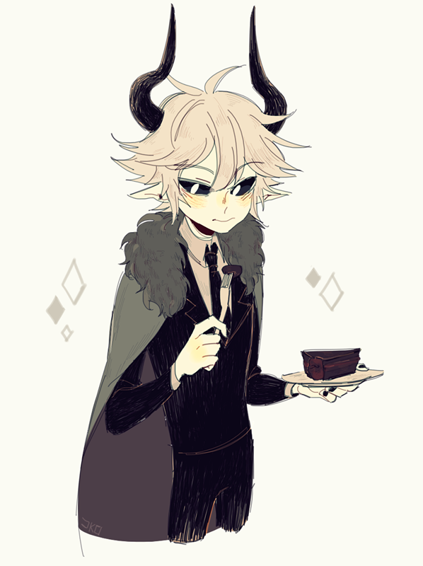 1boy, black_suit, cake, cake_slice, cape, demon_horns, food, funamusea