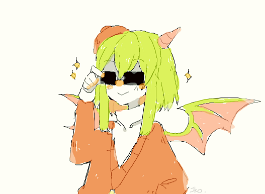 1girl, blush, demon_girl, demon_wings, funamusea, green_hair, haiiro_teien, horns