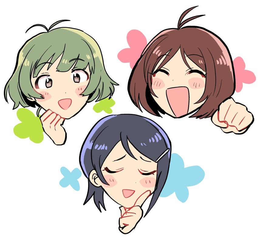 1boy, 2girls, akizuki_ryou, antenna_hair, blue_hair, blush, brown_eyes, brown_hair