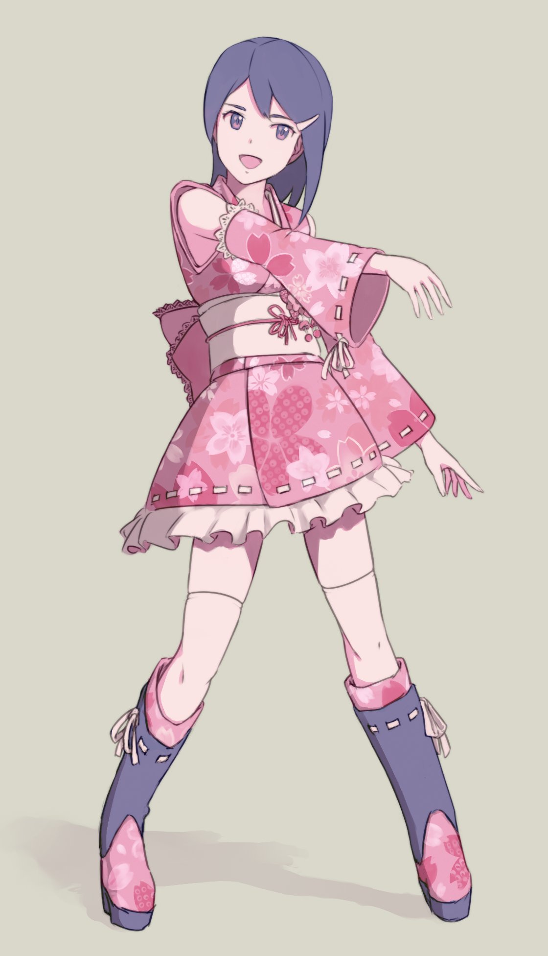 1girl, bare_shoulders, blue_eyes, blue_hair, boots, bow, breasts, cherry_blossom_print