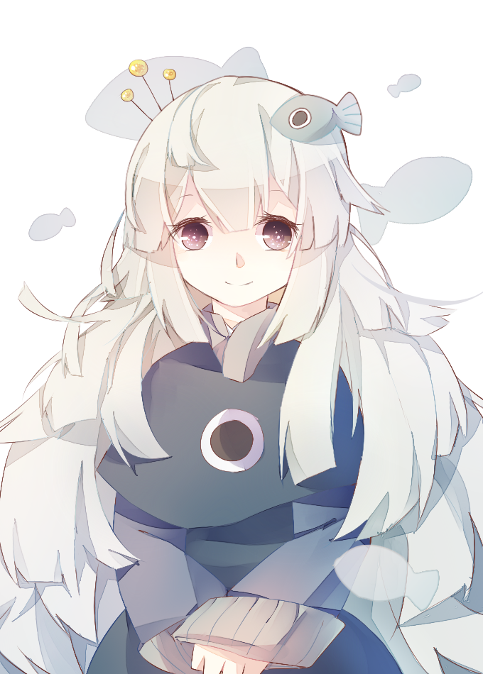 1girl, blue_capelet, blue_dress, blue_hair, blunt_bangs, blunt_sidelocks, capelet, crown, cuuu, dress, fish, fish_hair_ornament, funamusea, hair_ornament, jiiya_(funamusea), light_blue_hair, long_hair, looking_at_viewer, oounabara_to_wadanohara, own_hands_together, patterned_background, smile, solo, uomihime_(wadanohara), upper_body, very_long_hair, violet_eyes, white_background