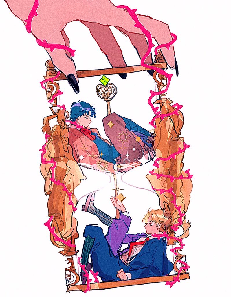 1other, 2boys, arm_rest, black_nails, blonde_hair, blue_hair, blue_jacket, blue_pants