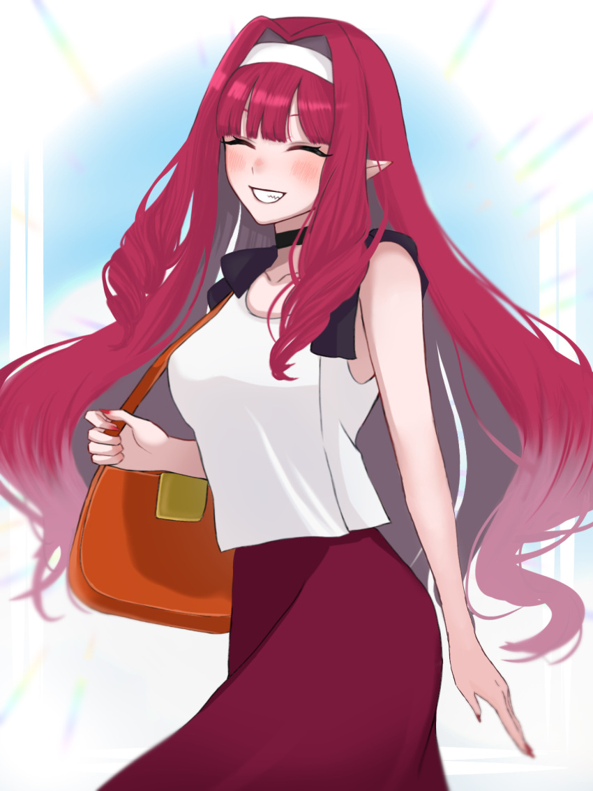 1girl, bag, baobhan_sith_(fate), blue_background, blush, casual, choker, closed_eyes, fate/grand_order, fate_(series), handbag, headband, highres, kawairuka_ko, long_hair, long_skirt, multicolored_background, nail_polish, orange_bag, pink_hair, pointy_ears, red_nails, red_skirt, shirt, sidelocks, skirt, sleeveless, smile, solo, teeth, white_background, white_headband, white_shirt