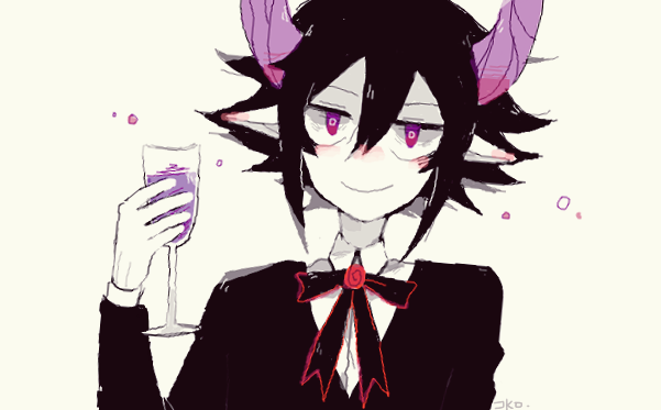 1boy, black_hair, blush, demon, demon_horns, funamusea, horns, looking_at_viewer