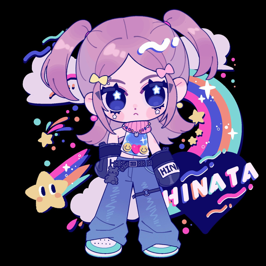 1girl, animification, belt, black_belt, black_footwear, blue_eyes, blue_pants, bow