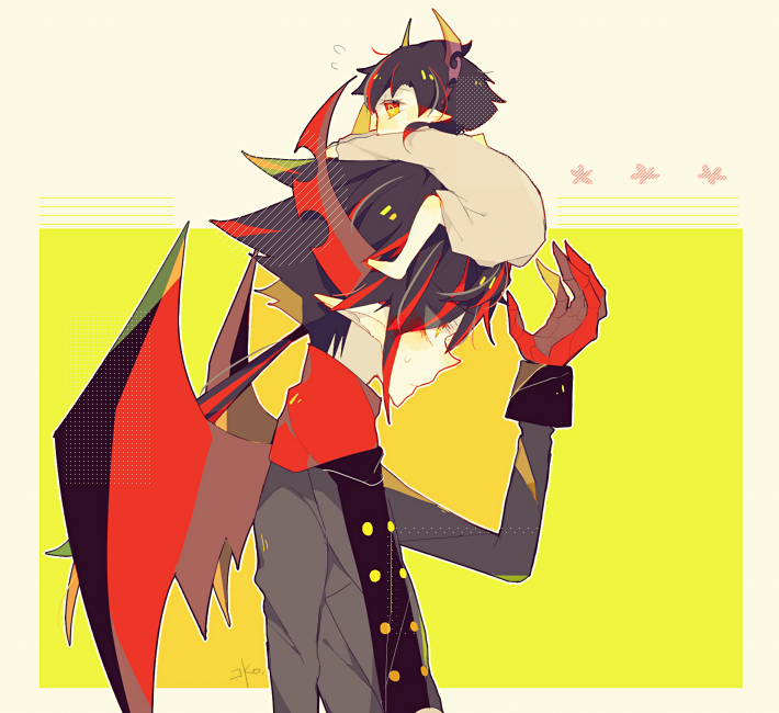 2boys, baby, black_hair, blush, demon, demon_horns, father_and_son, funamusea