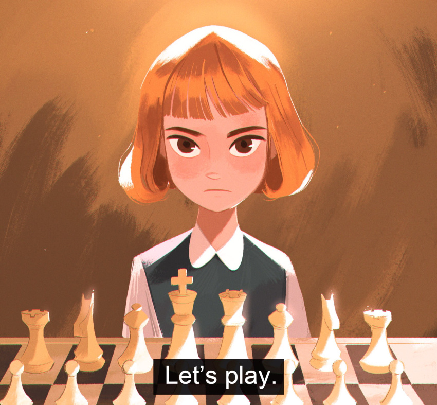 1girl, blunt_bangs, brown_background, brown_eyes, chess_piece, chessboard, child, closed_mouth, elizabeth_harmon, english_commentary, highres, leepix_x, looking_at_viewer, short_hair, simple_background, solo, the_queen's_gambit