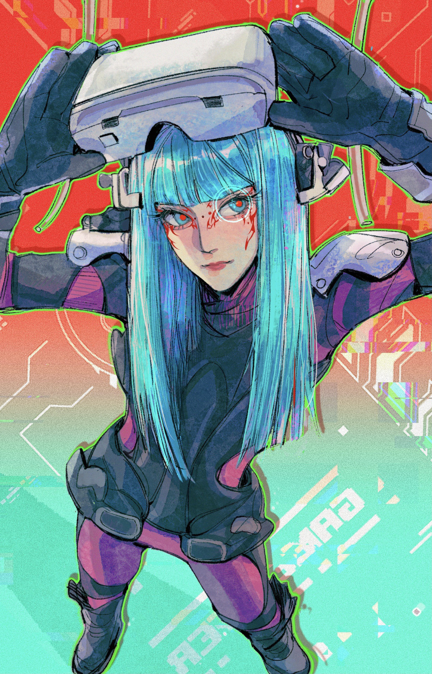 1girl, black_gloves, black_headwear, blue_eyes, blue_hair, blunt_bangs, bodysuit, boots