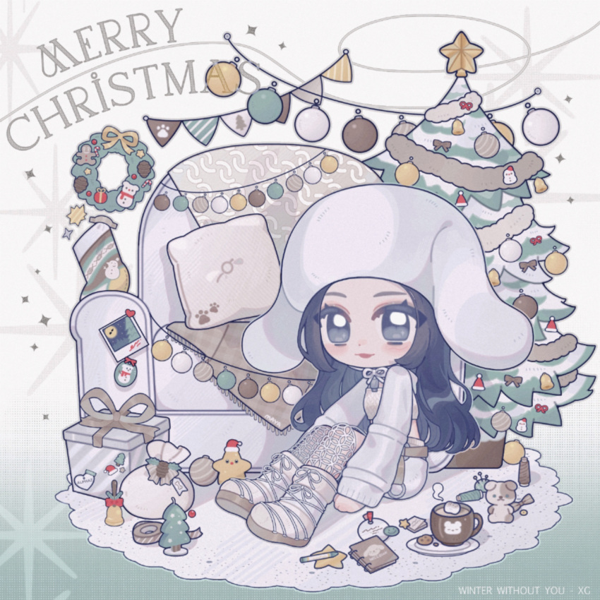 1girl, absurdres, animification, beanie, black_eyes, black_hair, blush, boots, bow, chibi, christmas, christmas_ornaments, coffee, cropped_sweater, cup, food, gift, grey_bow, grey_headwear, grey_sweater, hat, highres, looking_at_viewer, marshmallow, maya_(xg), merry_christmas, mug, o_bianyi_didi_shu_o, photo_(object), polaroid, real_life, red_lips, sitting, smile, solo, sweater, white_footwear, xg_(group)
