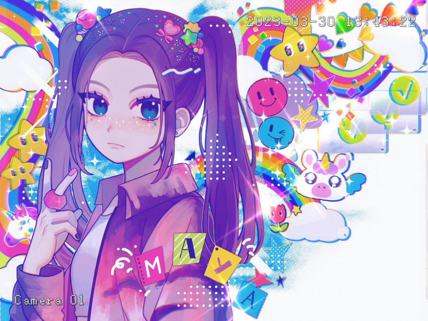 1girl, animification, blush, breasts, character_name, checkmark, clouds, cropped_shirt