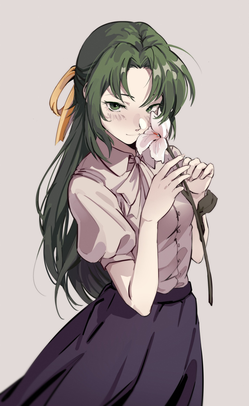 1girl, absurdres, blue_skirt, blush, closed_mouth, cowboy_shot, dress_shirt, flower