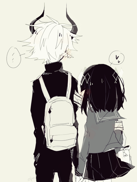1boy, 1girl, black_hair, couple, demon, demon_horns, etihw_(haiiro_teien), funamusea, haiiro_teien, horns, kcalb_(haiiro_teien), mine, sakiroll, school_uniform, white_hair