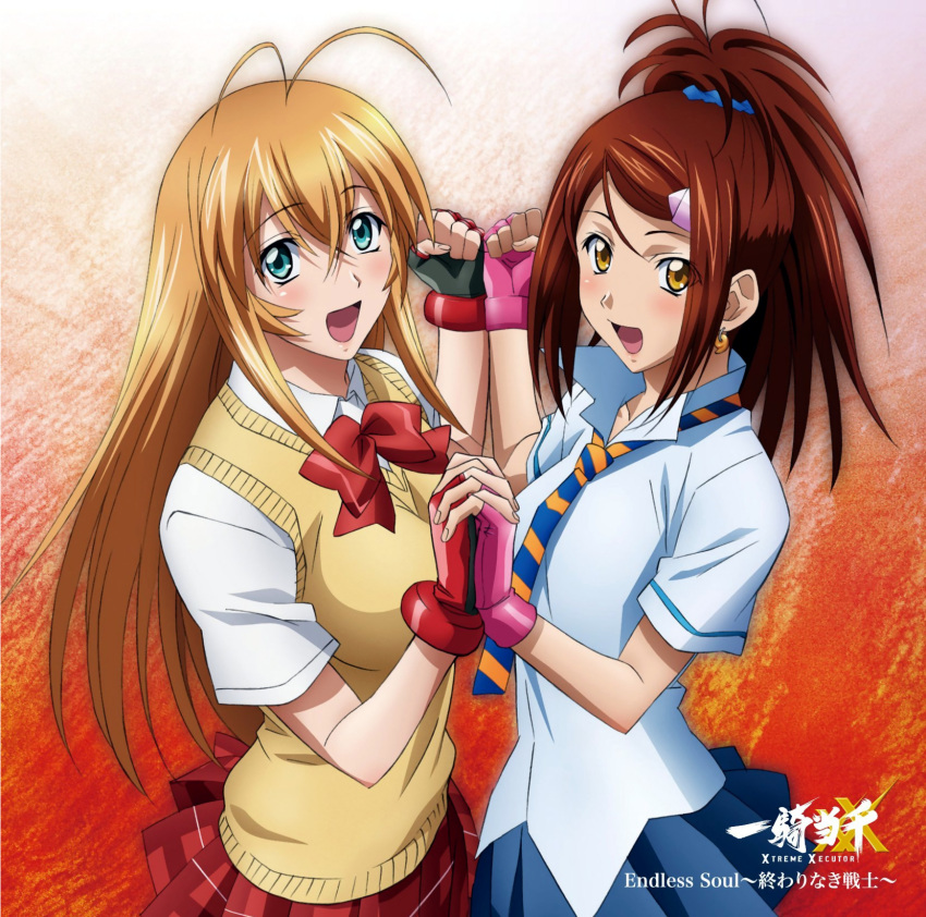 antenna_hair, bachou_mouki, blonde_hair, blush, breasts, brown_eyes, brown_hair, fingerless_gloves