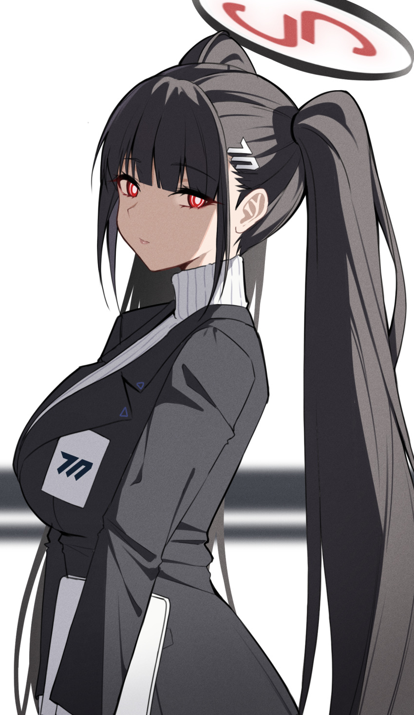 1girl, black_hair, black_jacket, blue_archive, breasts, bright_pupils, commentary, hair_ornament
