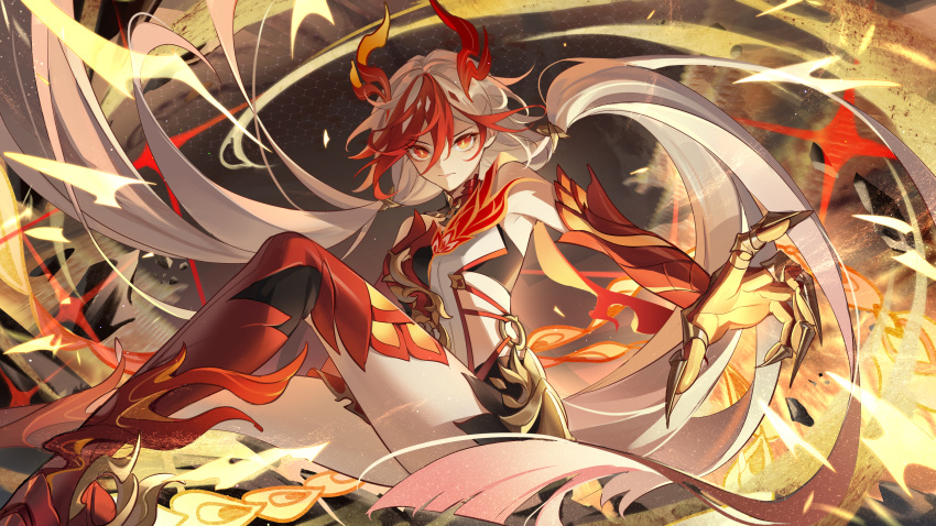 1girl, absurdres, animal_hands, animal_legs, bare_shoulders, black_shorts, black_sports_bra, chinese_clothes, claws, closed_mouth, detached_sleeves, elbow_gloves, eyeliner, fire, fu_hua, fu_hua_(fenghuang_of_vicissitude), gloves, hair_between_eyes, highres, honkai_(series), honkai_impact_3rd, kongzao, long_hair, looking_at_viewer, low-tied_long_hair, low_twintails, makeup, multicolored_hair, red_eyeliner, red_eyes, red_gloves, red_rope, red_scales, red_thighhighs, redhead, rope, short_shorts, shorts, single_thighhigh, sitting, solo, sports_bra, sportswear, streaked_hair, symbol-shaped_pupils, tail, thigh-highs, thighs, twintails, two-tone_hair, white_hair, yellow_pupils