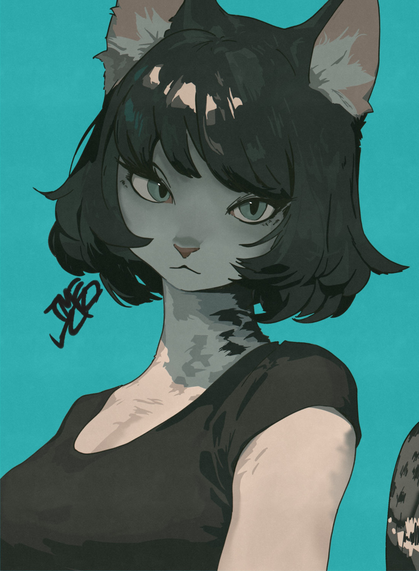 1girl, :3, absurdres, animal_ear_fluff, animal_ears, black_hair, black_shirt, blue_background, blue_eyes, bob_cut, body_fur, breasts, cat_ears, cat_girl, cat_tail, closed_mouth, commentary, eyelashes, furry, furry_female, highres, looking_at_viewer, original, shirt, short_sleeves, simple_background, snout, solo, symbol-only_commentary, t-shirt, tail, tail_raised, tomochiso, upper_body