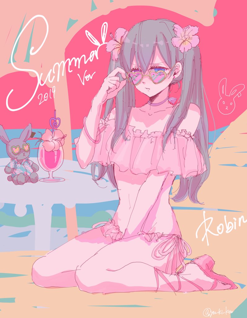 1boy, 2019, adjusting_eyewear, alternate_costume, beach, beach_umbrella, between_legs, bikini, blue_hair, choker, ciel_phantomhive, crossdressing, drinking_straw, english_text, flower, frilled_bikini, frills, glass, hair_between_eyes, hand_between_legs, heart, heart-shaped_eyewear, high_heels, kuroshitsuji, lady_phantomhive, long_hair, looking_at_viewer, male_focus, pink-tinted_eyewear, pink_background, pink_choker, pink_flower, pink_footwear, sitting, solo, stuffed_animal, stuffed_rabbit, stuffed_toy, swimsuit, table, tinted_eyewear, twintails, twitter_username, umbrella, wariza, yu_ki_koo