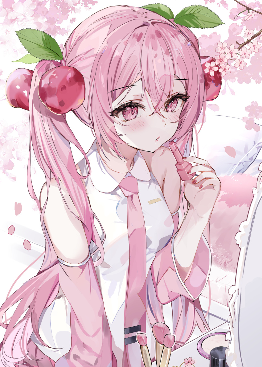 1girl, absurdres, bare_shoulders, blush, breasts, cherry_blossoms, cherry_hair_ornament, cosmetics