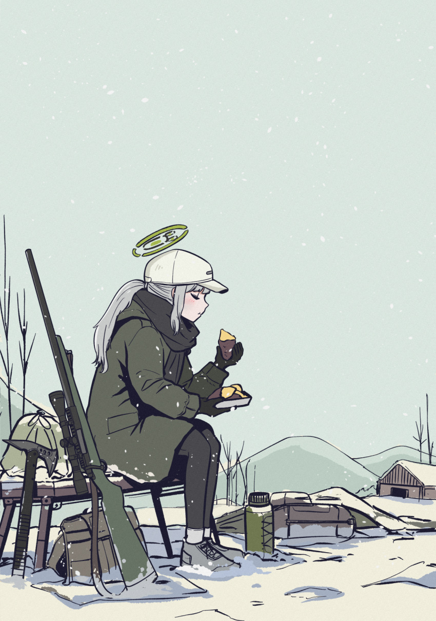 black_scarf, blue_archive, closed_eyes, eating, food, gloves, green_jacket, grey_hair, gun, halo, hare_(blue_archive), hare_(camp)_(blue_archive), hat, highres, jacket, long_hair, official_alternate_costume, outdoors, parabellum, ponytail, rifle, scarf, sitting, snow, snowflakes, snowing, solo, sweet_potato, weapon, white_headwear