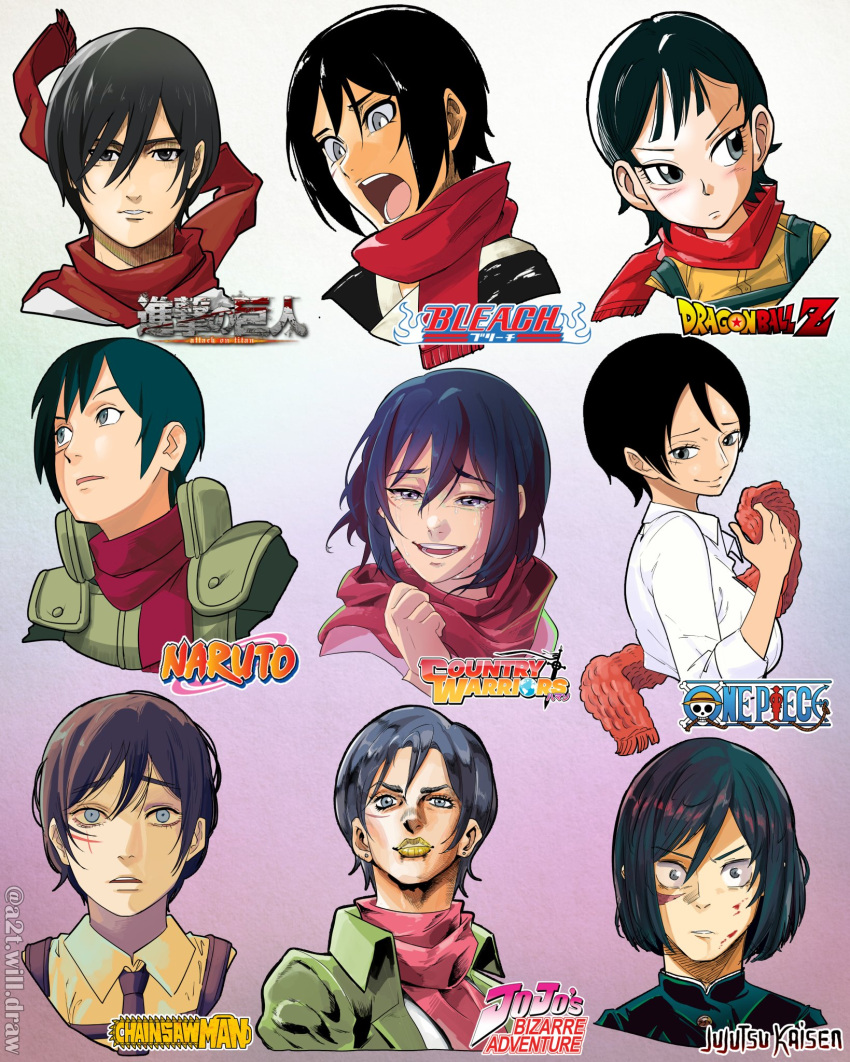 1girl, a2t_will_draw, akutami_gege_(style), araki_hirohiko_(style), black_hair, bleach, blood, blood_on_face