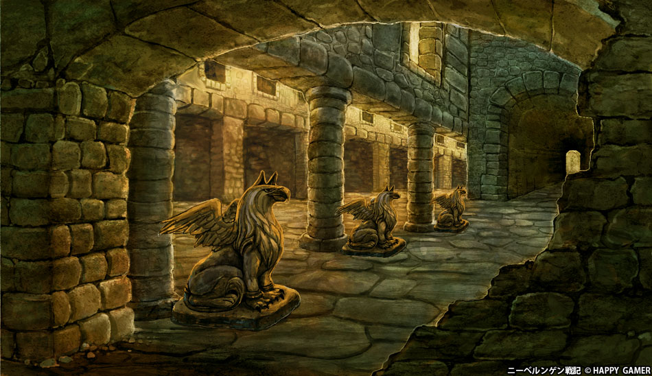 aki_(f1zakurod), copyright_notice, griffin, niberungen_senki, no_humans, official_art, pebble, rock, ruins, scenery, statue, stone_walkway, stone_wall, tunnel, window