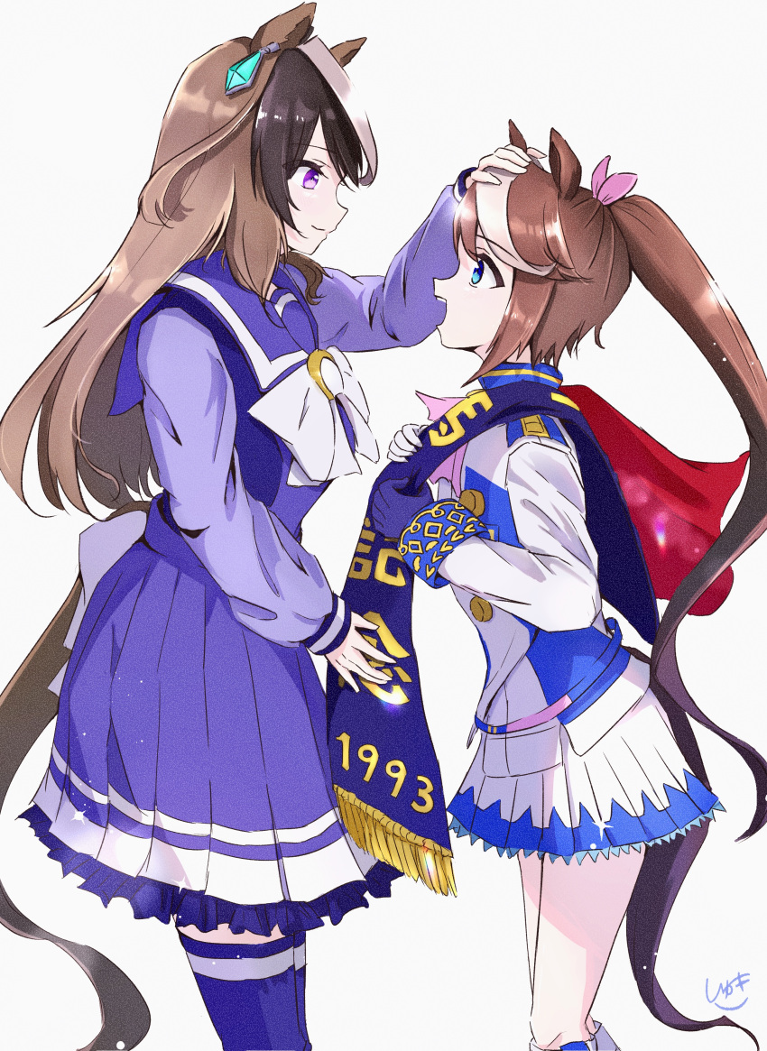 2girls, absurdres, animal_ears, arima_kinen, ascot, asymmetrical_gloves, black_gloves, blue_eyes