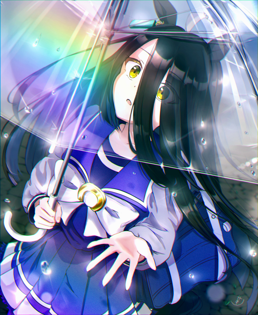 1girl, absurdres, ahoge, animal_ears, black_hair, bow, bowtie, from_above
