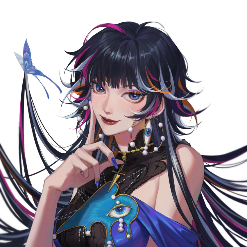 1girl, absurdres, bare_shoulders, blue_butterfly, blue_dress, blue_eyes, blue_nails, bug, butterfly, ccccl., chinese_commentary, colored_tips, commentary, dress, earrings, enfer_(path_to_nowhere), eyeliner, eyeshadow, hair_lift, hand_on_own_cheek, hand_on_own_face, highres, hoop_earrings, jewelry, long_hair, looking_at_viewer, makeup, mole, mole_under_eye, multicolored_hair, nail_polish, orange_eyeliner, path_to_nowhere, purple_eyeshadow, red_lips, simple_background, sleeveless, sleeveless_dress, smile, solo, streaked_hair, sword_necklace, upper_body, white_background, white_hair