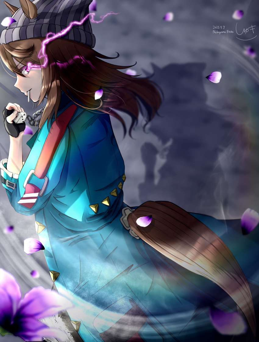 1girl, absurdres, animal_ears, beanie, black_gloves, blue_coat, brown_hair, character_name