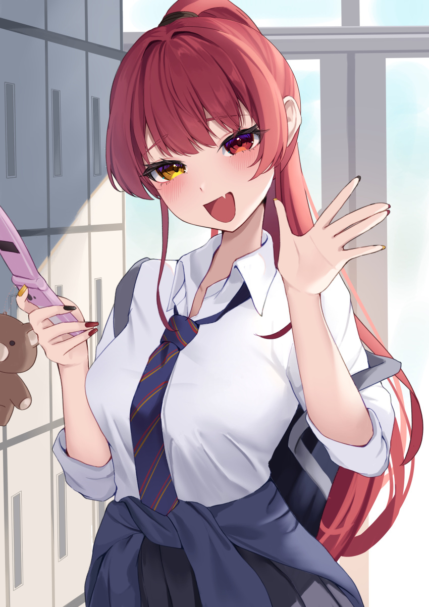 1girl, absurdres, alternate_costume, backpack, bag, black_nails, blue_necktie, blue_skirt