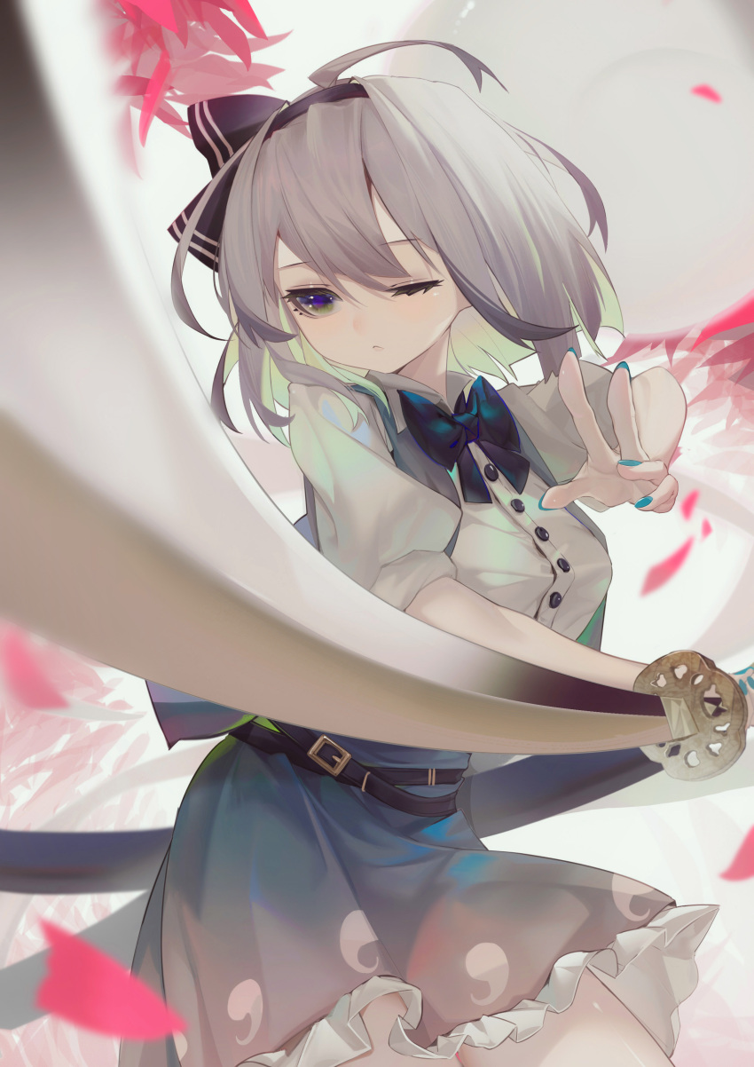 1girl, :<, absurdres, ahoge, arched_back, black_bow, black_bowtie, black_hairband, blue_eyes, blurry, blurry_foreground, bow, bowtie, breasts, buttons, closed_mouth, collared_shirt, commentary, cowboy_shot, depth_of_field, falling_petals, fighting_stance, foreshortening, green_skirt, hairband, highres, hitodama_print, katana, konpaku_youmu, medium_breasts, mei_gushi_de_shen_yue, nail_polish, one_eye_closed, open_clothes, open_vest, petals, ribbon, scabbard, sheath, shirt, short_hair, skirt, solo, sword, symbol-only_commentary, touhou, vest, weapon, white_background, white_hair, white_shirt