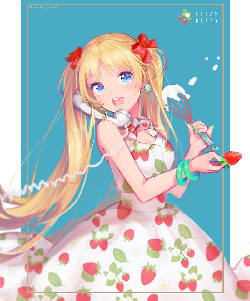 1girl, antique_phone, artist_name, blonde_hair, blue_background, blue_eyes, bow, cooking